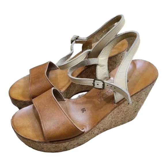 K. Jacques St. Tropez Womens Brown Leather Cork Wedge Sandals 39 Size 7.5 8 - Picture 2 of 11
